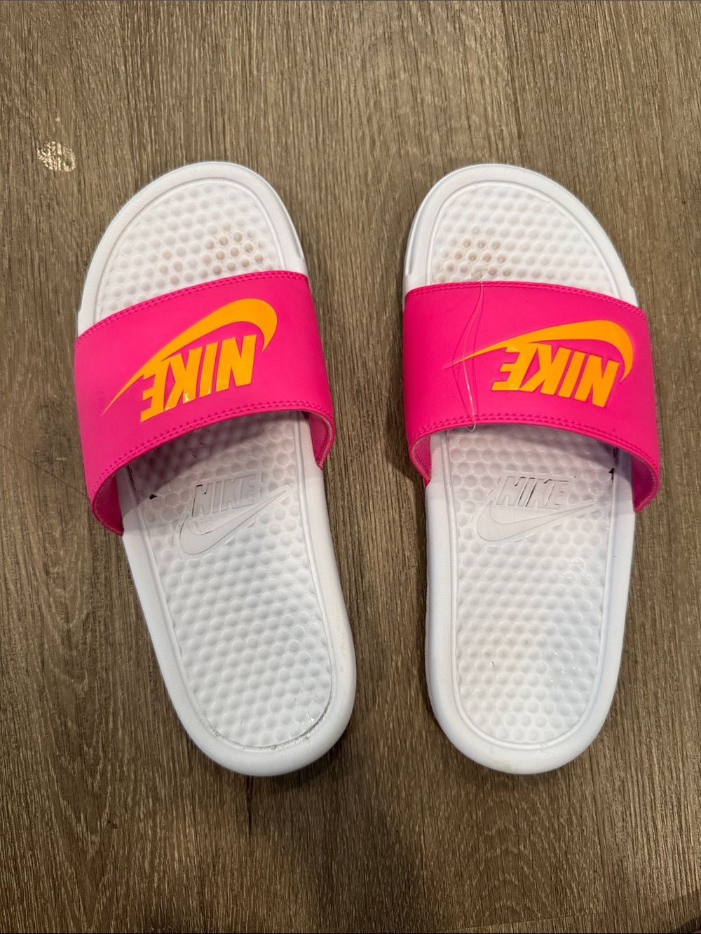 Nike White Footbed Slides with Hot Pink Strap and Yellow Logo